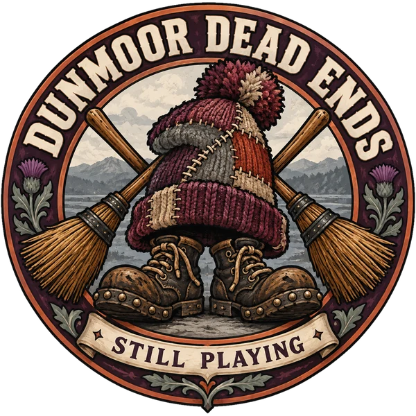 Emblem of the Dunmoor Dead Ends: a patched woollen bobble hat over a pair of hobnailed boots, with two crossed brooms