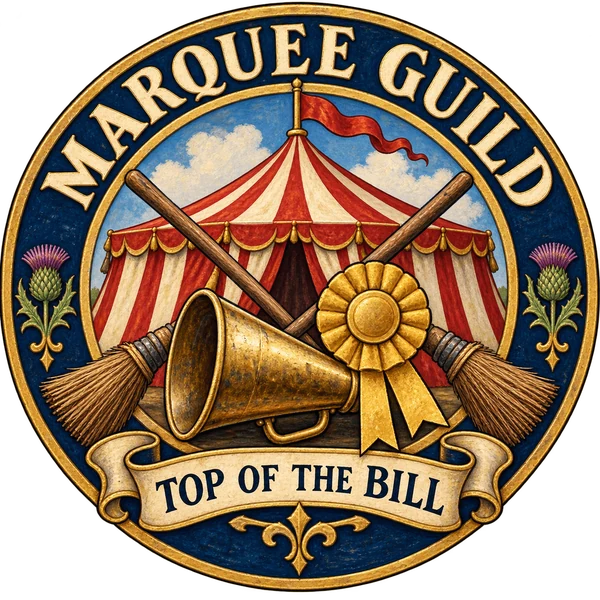 Emblem of the Marquee Guild: a striped marquee tent with a brass speaking-trumpet, a golden rosette and two crossed brooms