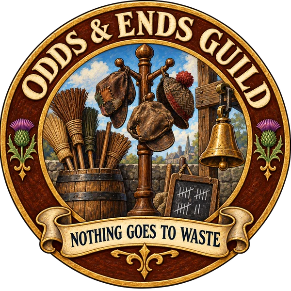 Emblem of the Odds & Ends Guild: a hat-stand hung with caps beside a barrel of brooms and a brass bell