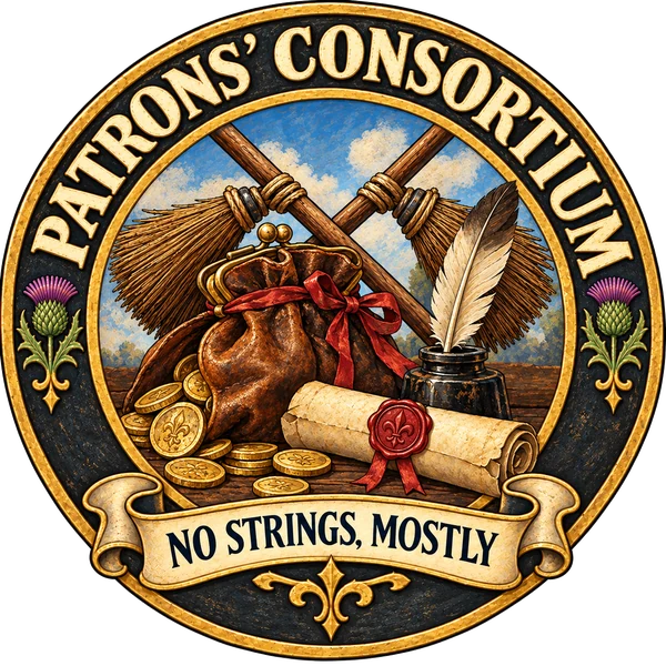 Emblem of the Patrons&rsquo; Consortium: a fat coin purse with a wax-sealed scroll, a quill and two crossed brooms