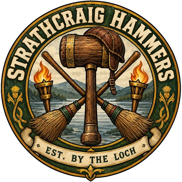 Emblem of the Strathcraig Hammers: a wooden mallet and two crossed brooms in front of a loch, with a leather cap hanging from the mallet