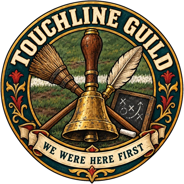 Emblem of the Touchline Guild: a brass hand-bell crossed with a broom and a quill, a slate board and chalk, on a pitch with a white touchline