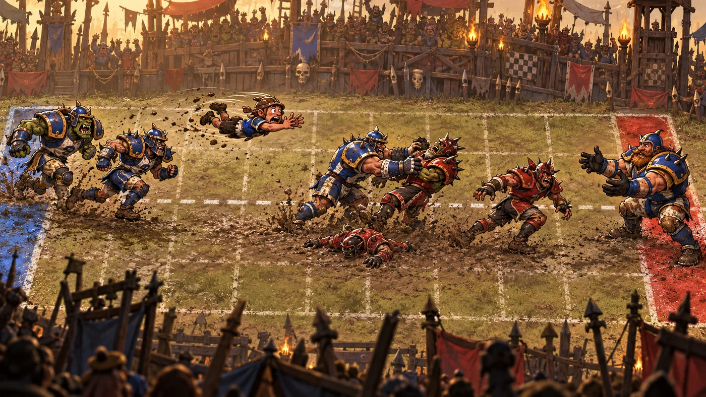 A painted scene of a Skurling arc: two blue Whackers, a green orc and a human, run behind a small Stooge flying head-first through the air; in the middle a blue Goon shoves a red spiked defender while another defender lies flattened in the mud and a third tries to block; at the far end the Cuddler waits upright with open arms in the red end zone.
